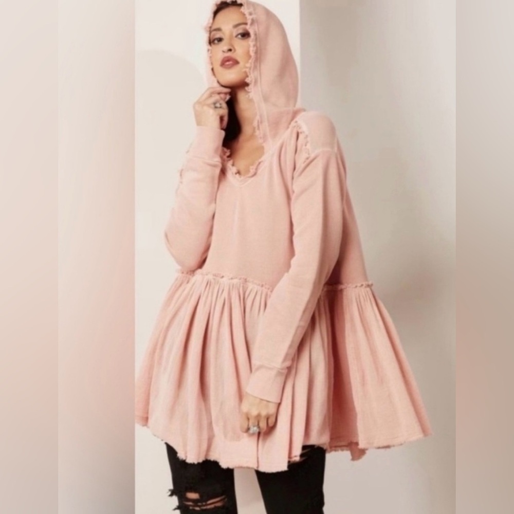 Free People Summer Dreams Hoodie Oversized Dusty Peachy-Pink Textured Knit Top S